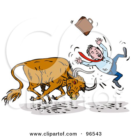 Royalty-Free (RF) Clipart Illustration of a Bull Attacking A Businessman From Behind by patrimonio