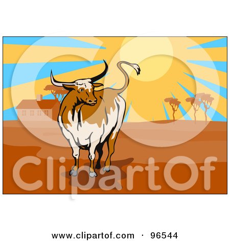 Royalty-Free (RF) Clipart Illustration of a Lone Bull In A Pasture At Sunrise by patrimonio
