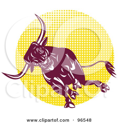 Royalty-Free (RF) Clipart Illustration of a Charging Bull Over A Yellow Halftone Circle by patrimonio