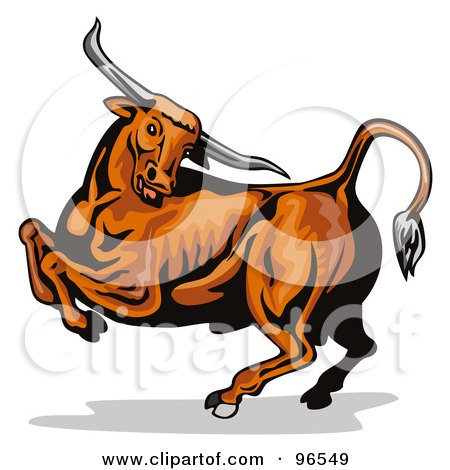 Royalty-Free (RF) Clipart Illustration of a Muscular Brown Bull Jumping by patrimonio