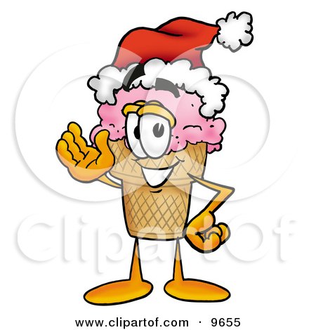Clipart Picture of an Ice Cream Cone Mascot Cartoon Character Wearing a Santa Hat and Waving by Mascot Junction