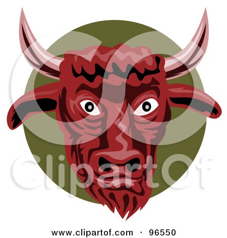 Royalty-Free (RF) Clipart Illustration of a Red Bull Face Over A Green Circle by patrimonio