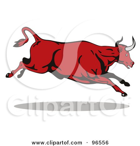 Royalty-Free (RF) Clipart Illustration of a Running And Leaping Red Bull by patrimonio