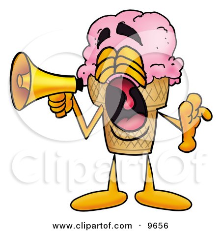 Clipart Picture of an Ice Cream Cone Mascot Cartoon Character Screaming Into a Megaphone by Mascot Junction