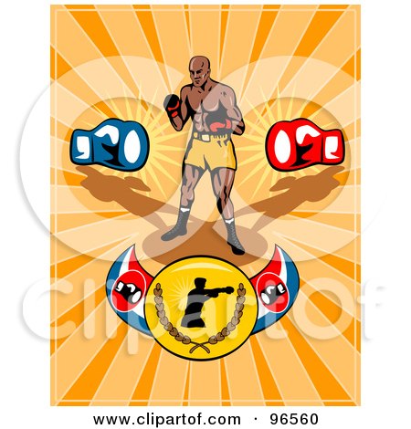 Royalty-Free (RF) Clipart Illustration of a Boxer On A Champion Belt, Over Orange by patrimonio