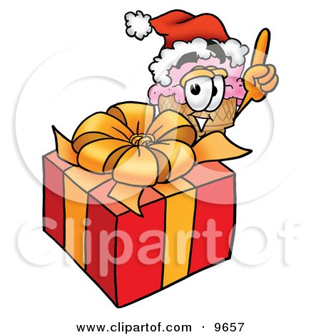 Clipart Picture of an Ice Cream Cone Mascot Cartoon Character Standing by a Christmas Present by Mascot Junction