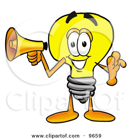 Clipart Picture of a Light Bulb Mascot Cartoon Character Holding a Megaphone by Mascot Junction