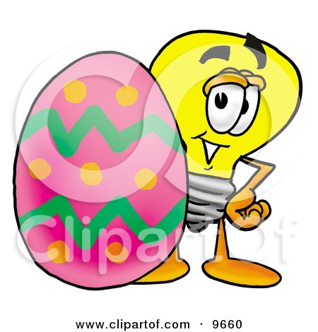 Clipart Picture of a Light Bulb Mascot Cartoon Character Standing Beside an Easter Egg by Mascot Junction