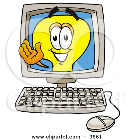 Clipart Picture of a Light Bulb Mascot Cartoon Character Waving From Inside a Computer Screen by Mascot Junction
