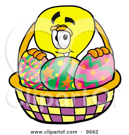 Clipart Picture of a Light Bulb Mascot Cartoon Character in an Easter Basket Full of Decorated Easter Eggs by Mascot Junction