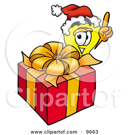 Clipart Picture of a Light Bulb Mascot Cartoon Character Standing by a Christmas Present by Mascot Junction