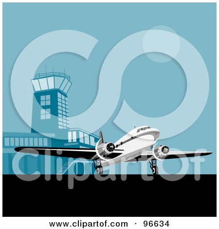 Royalty-Free (RF) Clipart Illustration of a Commercial Airplane Rolling On The Tarmac by patrimonio