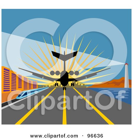 Royalty-Free (RF) Clipart Illustration of a Commercial Airplane Landing On The Tarmac by patrimonio