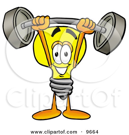 Clipart Picture of a Light Bulb Mascot Cartoon Character Holding a Heavy Barbell Above His Head by Mascot Junction
