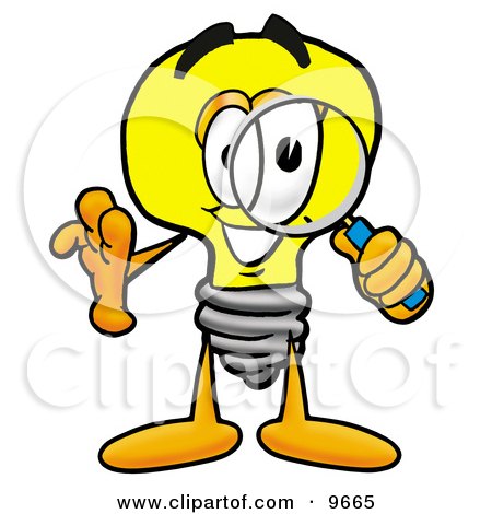 Clipart Picture of a Light Bulb Mascot Cartoon Character Looking Through a Magnifying Glass by Mascot Junction