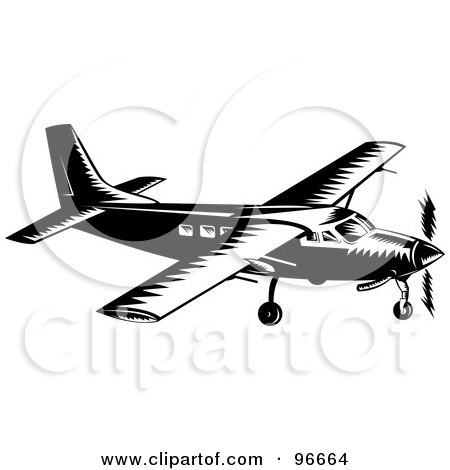 Royalty-Free (RF) Clipart Illustration of a Black And White Small Airplane From The Side by patrimonio