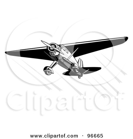 Royalty-Free (RF) Clipart Illustration of a Black And White Airplane Speeding Through The Sky by patrimonio