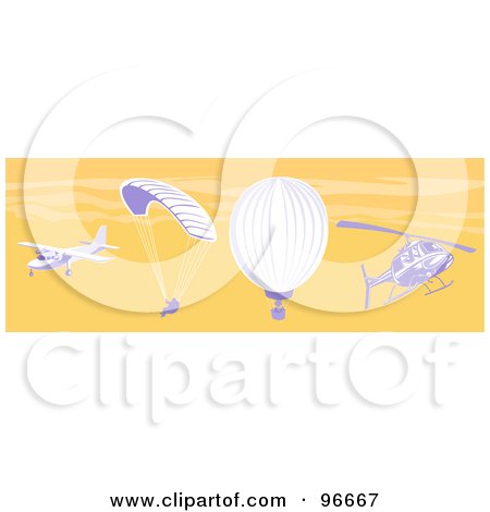 Royalty-Free (RF) Clipart Illustration of a Small Airplane, Parachuter, Hot Air Balloon And Helicopter In An Orange Sky by patrimonio