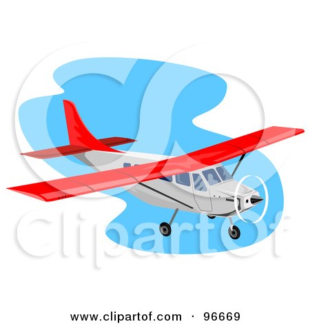 Royalty-Free (RF) Clipart Illustration of a Red And White Small Airplane Over Blue by patrimonio