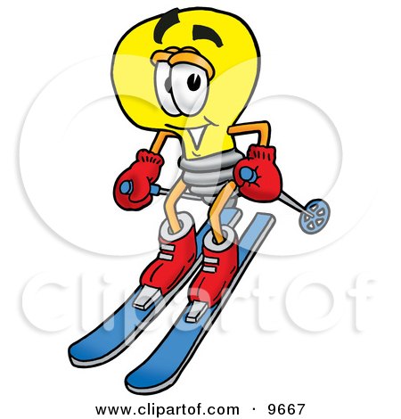 Clipart Picture of a Light Bulb Mascot Cartoon Character Skiing Downhill by Mascot Junction