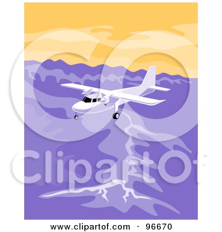 Royalty-Free (RF) Clipart Illustration of a White Airplane Flying Over A Mountain Range by patrimonio