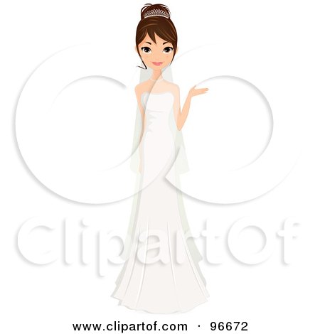 Royalty-Free (RF) Clipart Illustration of a Beautiful Brunette Bride In Her Gown, Presenting With One Hand by Melisende Vector