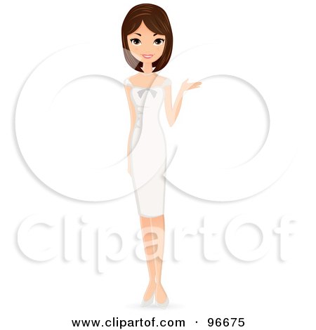 Royalty-Free (RF) Clipart Illustration of a Pretty Brunette Woman In A Formal White Gown, Presenting With One Hand by Melisende Vector