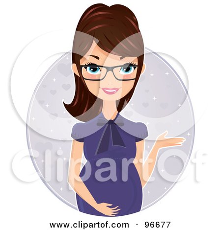 Royalty-Free (RF) Clipart Illustration of a Brunette Pregnant Woman In A Purple Blouse Presenting With One Hand, Over A Purple Oval by Melisende Vector