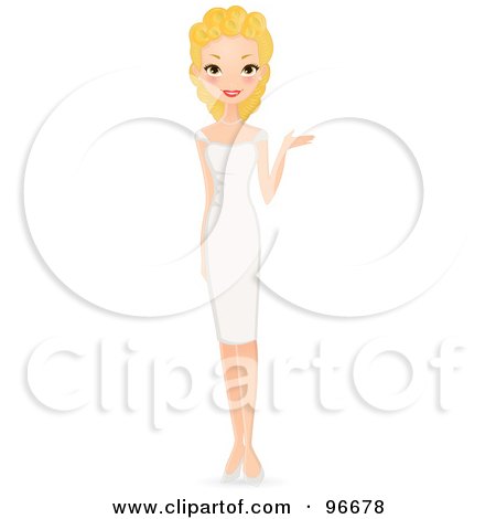 Royalty-Free (RF) Clipart Illustration of a Blond Woman Standing In A White Dress And Presenting With One Hand by Melisende Vector