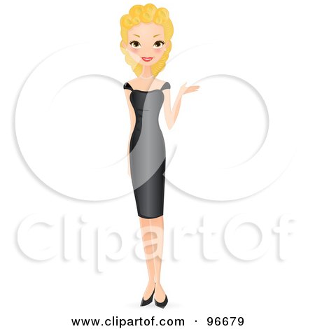 Royalty-Free (RF) Clipart Illustration of a Pretty Blond Woman Presenting With Her Hand And Wearing A Black Dress by Melisende Vector