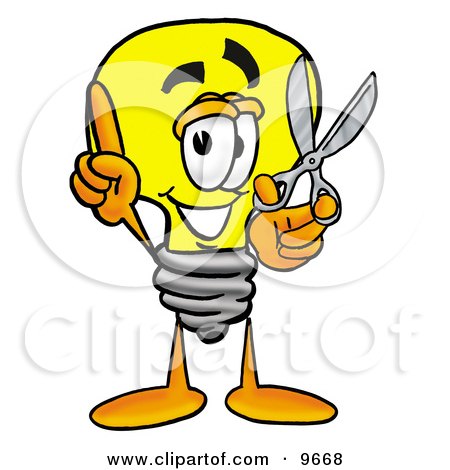 Clipart Picture of a Light Bulb Mascot Cartoon Character Holding a Pair of Scissors by Mascot Junction