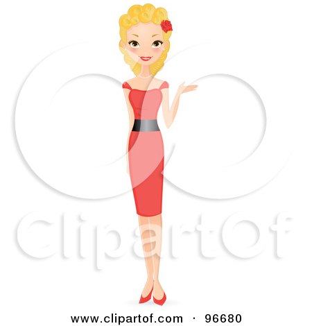 Royalty-Free (RF) Clipart Illustration of a Pretty Blond Woman Presenting With Her Hand And Wearing A Red Dress by Melisende Vector