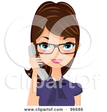 Royalty-Free (RF) Clipart Illustration of a Pretty Brunette Receptionist Wearing Glasses And Holding A White Phone by Melisende Vector