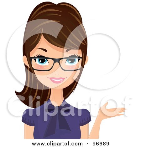 Royalty-Free (RF) Clipart Illustration of a Brunette Receptionist In A Purple Blouse And Glasses, Presenting With One Hand by Melisende Vector