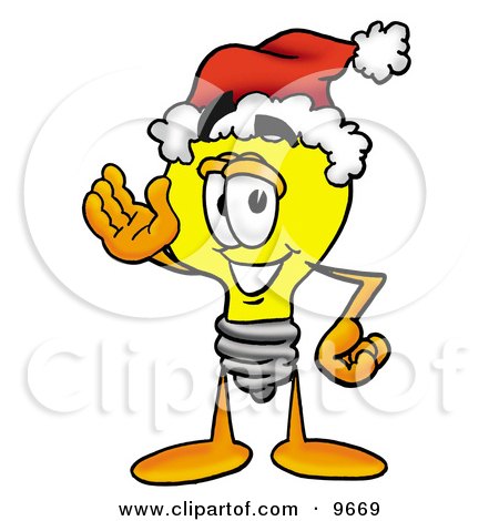 Clipart Picture of a Light Bulb Mascot Cartoon Character Wearing a Santa Hat and Waving by Mascot Junction