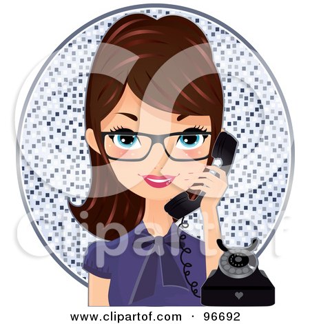 Royalty-Free (RF) Clipart Illustration of a Pretty Brunette Receptionist Wearing Glasses And Talking On A Phone Over A Mosaic Circle by Melisende Vector