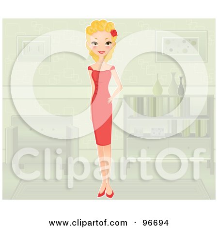 Royalty-Free (RF) Clipart Illustration of a Beautiful Blond Woman In A Red Dress, Standing In A Living Room by Melisende Vector