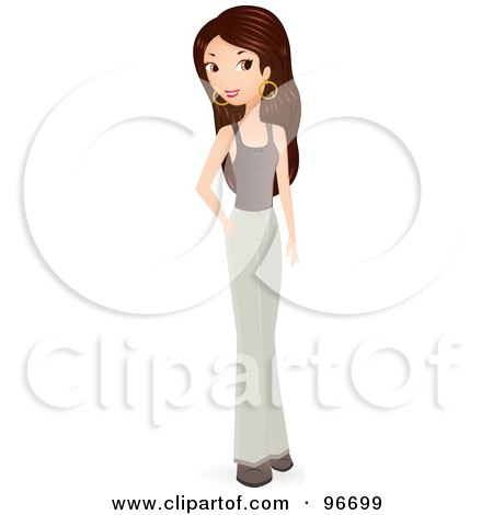 Royalty-Free (RF) Clipart Illustration of a Beautiful Brunette Woman In A Brown Tank Top And Khaki Pants by Melisende Vector