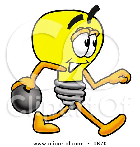 Clipart Picture of a Light Bulb Mascot Cartoon Character Holding a Bowling Ball by Mascot Junction