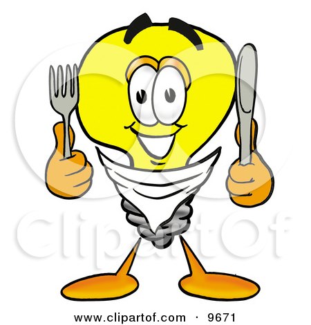 Clipart Picture of a Light Bulb Mascot Cartoon Character Holding a Knife and Fork by Mascot Junction