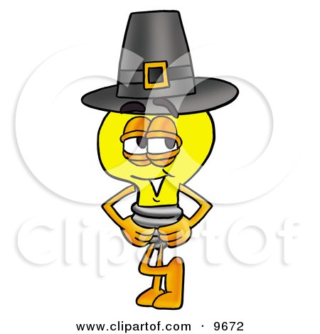 Clipart Picture of a Light Bulb Mascot Cartoon Character Wearing a Pilgrim Hat on Thanksgiving by Mascot Junction