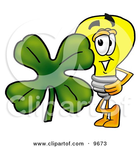 Clipart Picture of a Light Bulb Mascot Cartoon Character With a Green Four Leaf Clover on St Paddy's or St Patricks Day by Mascot Junction