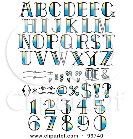 Royalty-Free (RF) Clipart Illustration of a Digital Collage Of Blue And Yellow Tattoo Styled Numbers, Letters And Symbols by Andy Nortnik
