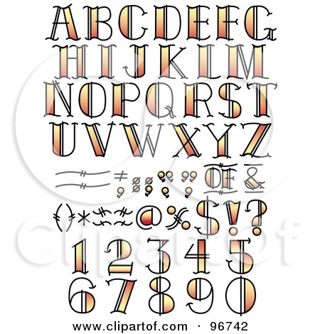 Royalty-Free (RF) Clipart Illustration of a Digital Collage Of Orange And Yellow Tattoo Styled Numbers, Letters And Symbols by Andy Nortnik