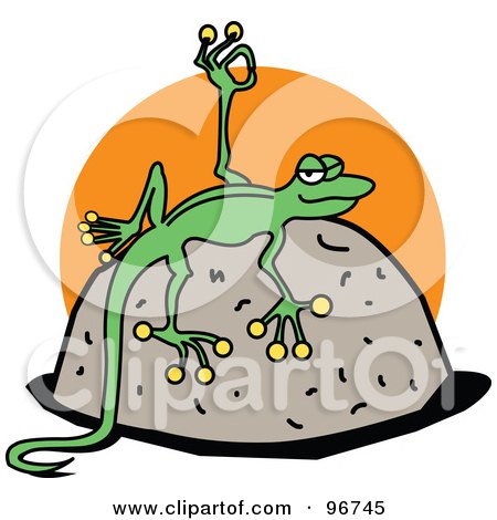 Royalty-Free (RF) Clipart Illustration of a Skinny Green Gecko Sun Bathing On A Rock And Gesturing Ok With His Hand by Andy Nortnik