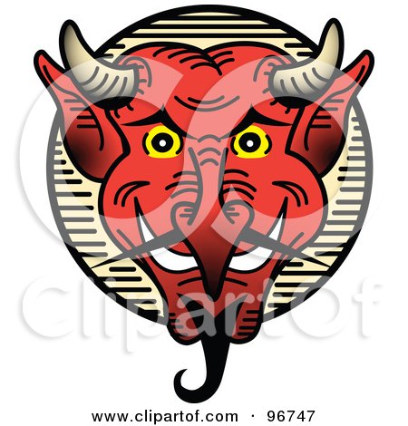 Royalty-Free (RF) Clipart Illustration of a Grinning Red Devil Face Tattoo Design by Andy Nortnik