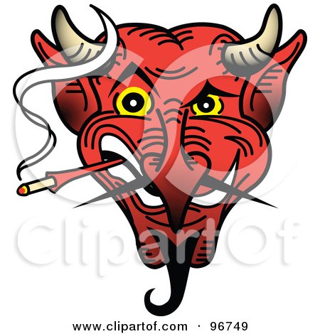 Royalty-Free (RF) Clipart Illustration of a Red Devil Face Smoking A Cigarette Tattoo Design by Andy Nortnik