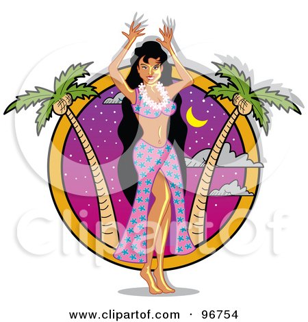Royalty-Free (RF) Clipart Illustration of a Hula Girl In A Pink Skirt, Dancing Near A Palm Tree At Dusk by Andy Nortnik
