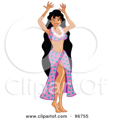 Royalty-Free (RF) Clipart Illustration of a Hula Girl In A Pink And Blue Skirt, Waving Her Arms by Andy Nortnik