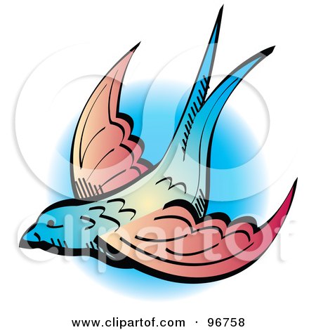 Royalty-Free (RF) Clipart Illustration of a Blue Swallow With Pink Wings Tattoo Design by Andy Nortnik